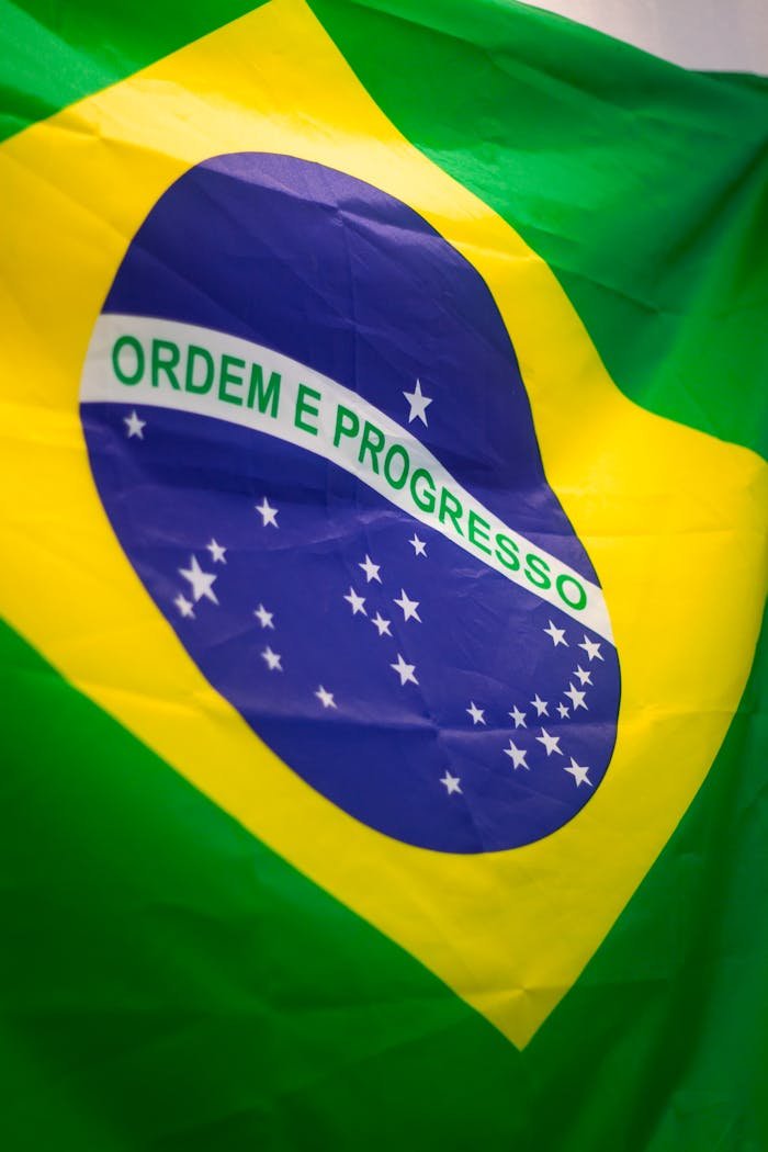 Close-up of the Brazilian flag showing the emblem and vibrant colors.
