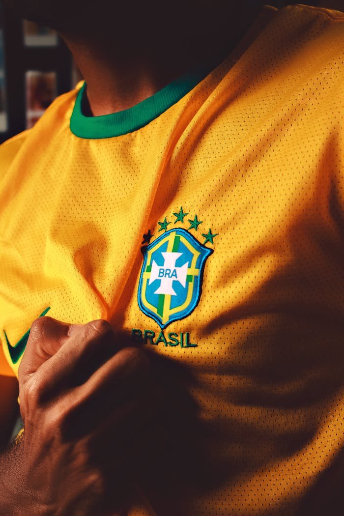 services-01 Focused close-up of a person holding Brazil soccer jersey with emblem.
